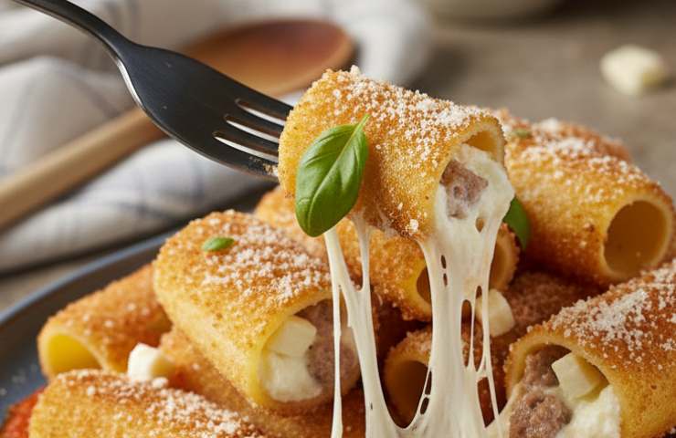 Paccheri fritti ripieni infilzati da una forchetta