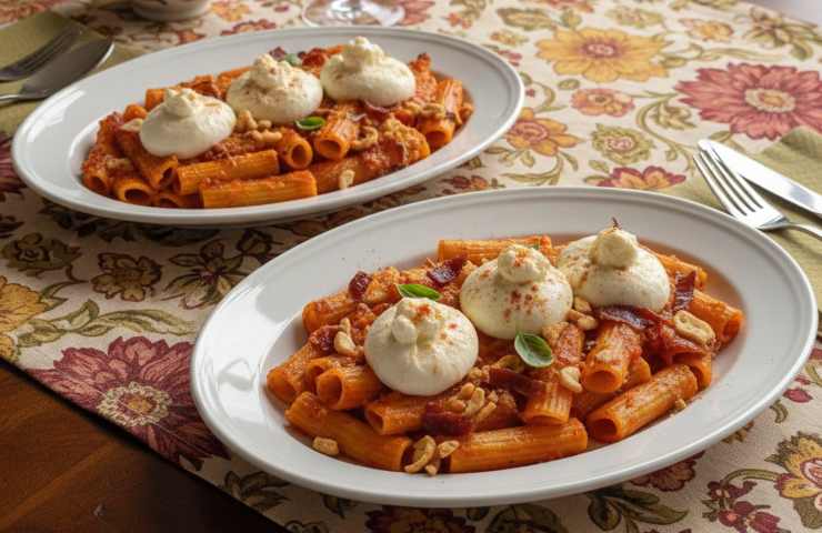 Paccheri al forno con peperoni e burrata in due piatti su tavola con tovaglia