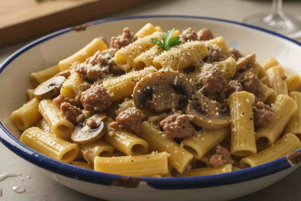 Pasta alla Boscaiola Bianca in un piatto bianco con bordo blu