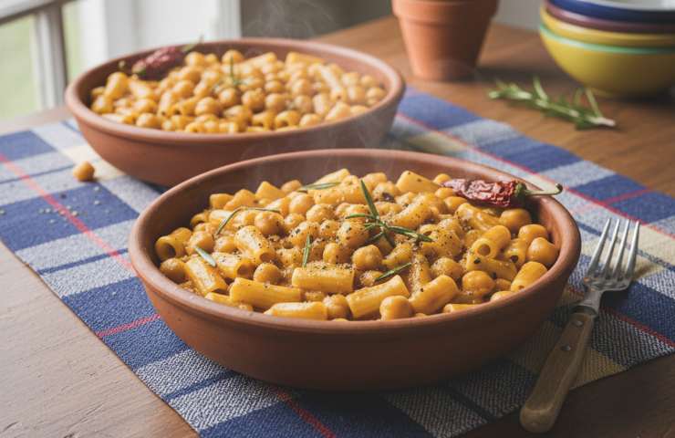 Pasta e Ceci alla Romana in due terrine su tovaglia bianca e blu