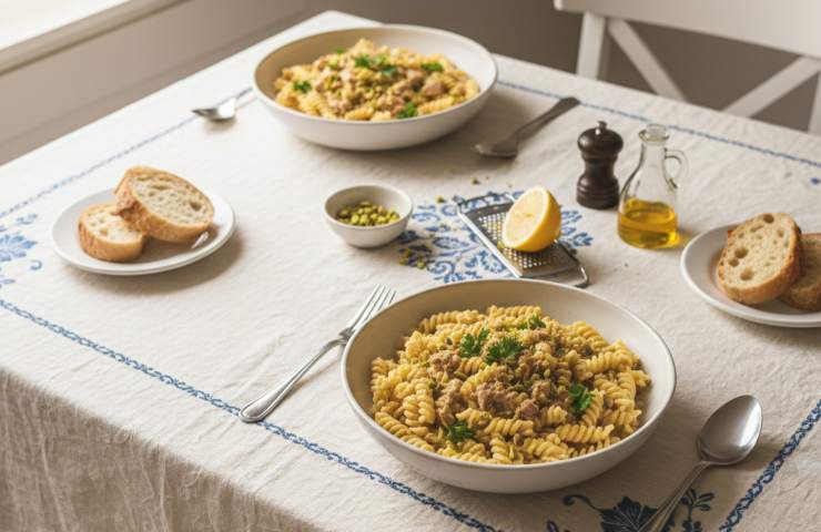 Pasta Tonno Limone e Pistacchi in due piatti su tavola apparecchiata