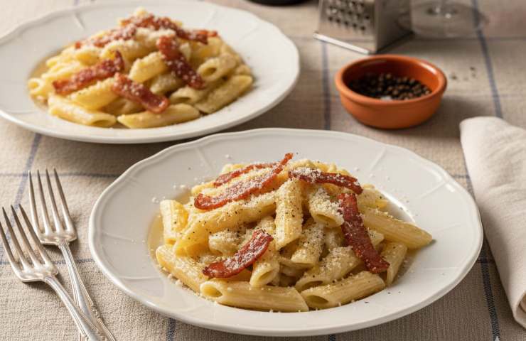 Pasta alla Gricia in due piatti su una tavola apparecchiata