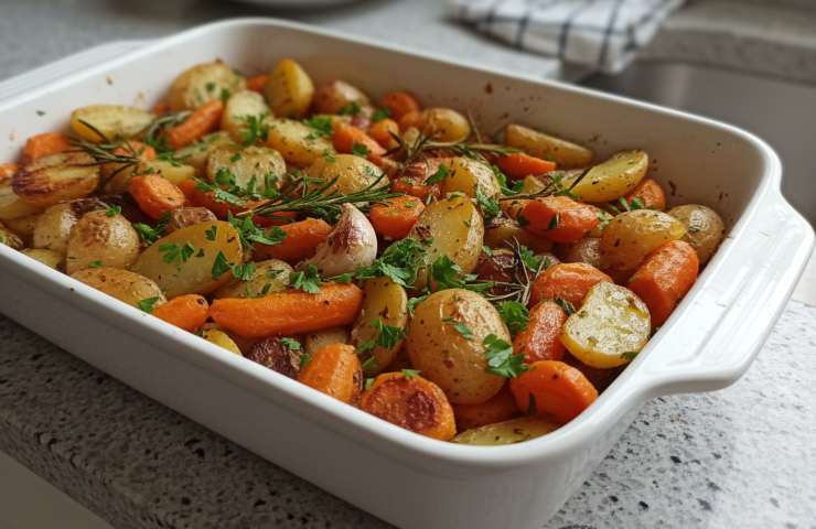 Patate e Carote al forno in una teglia bianca su un tavolo