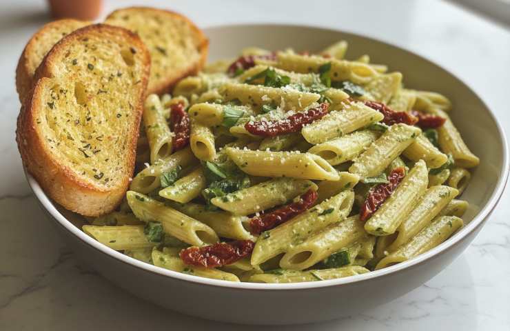 Penne in Crema di Zucchine e Pomodori Secchi con due fette di pane