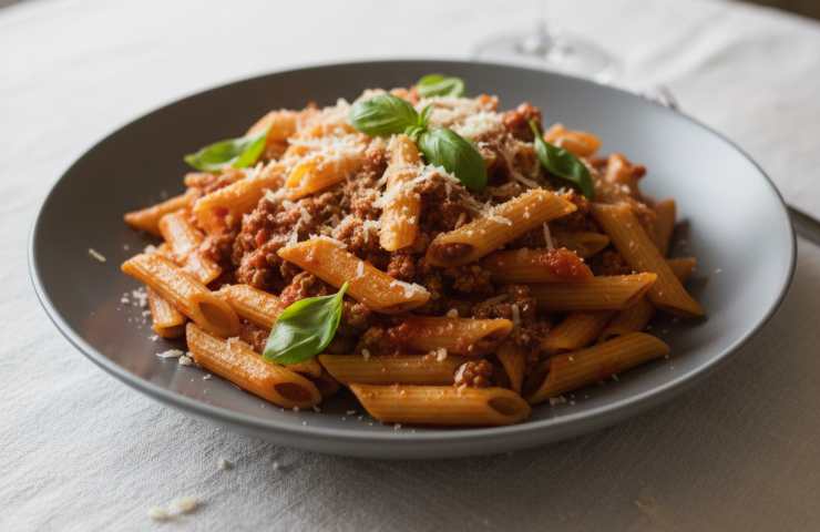 Penne al Ragù Caserecce in un piatto bianco su tavola con tovaglia