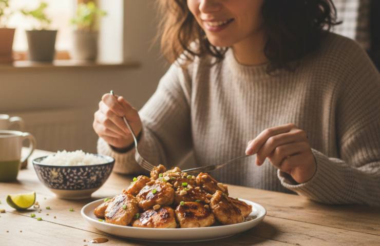 Una donna pronta a mangiare del Pollo al Burro d'Arachidi e Soia