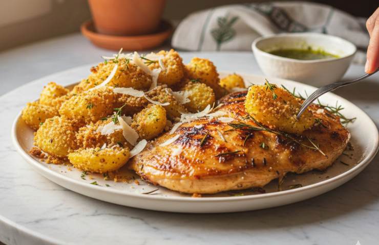 Pollo alla Mattonella con Patate Sabbiose e Pecorino in un piatto su tavola apparecchiata