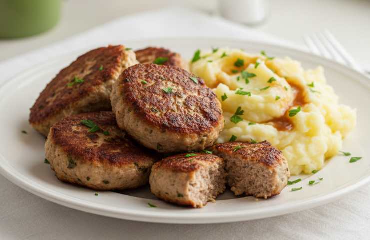 Polpette e Purè in un piatto su tavola con tovaglia bianca