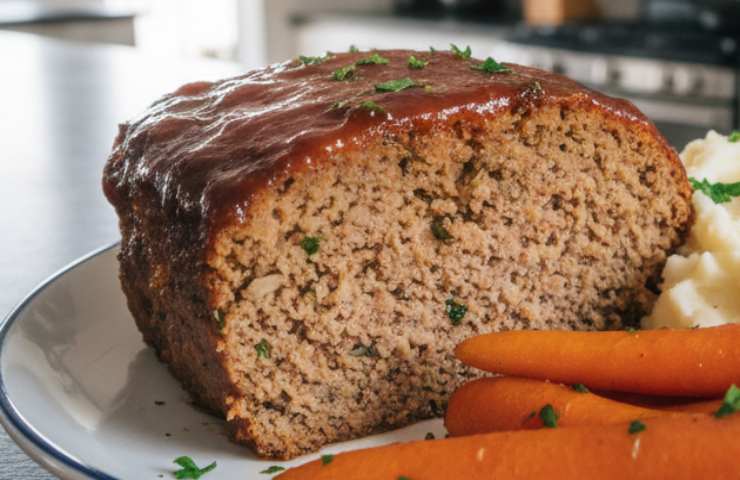 Polpettone al Forno con Glassa di Pomodoro in un piatto con delle carote