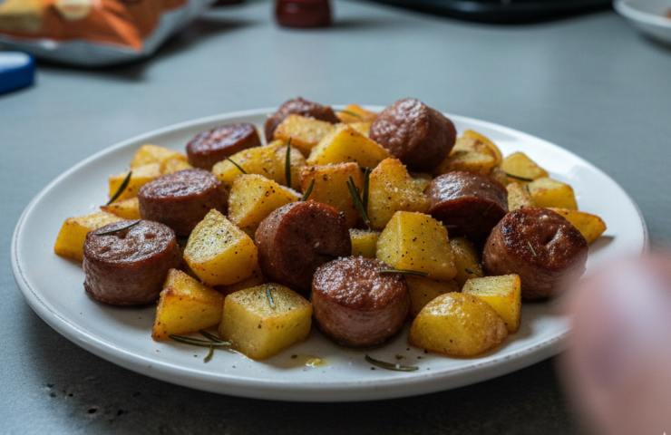 Salsicce Patate con la Friggitrice ad Aria in un piatto bianco su un piano della cucina