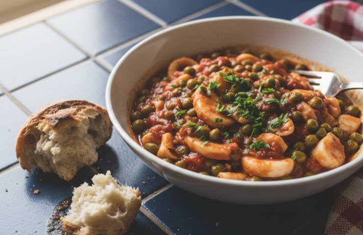 Seppie con Piselli in una casseruola su piano da cucina a piastrelle blu