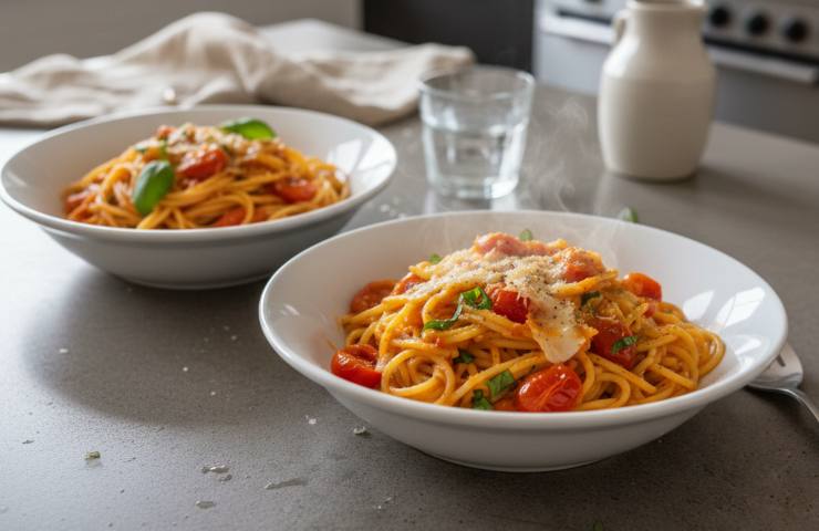 Spaghetti allo Scarpariello in due piatti su un tavolo