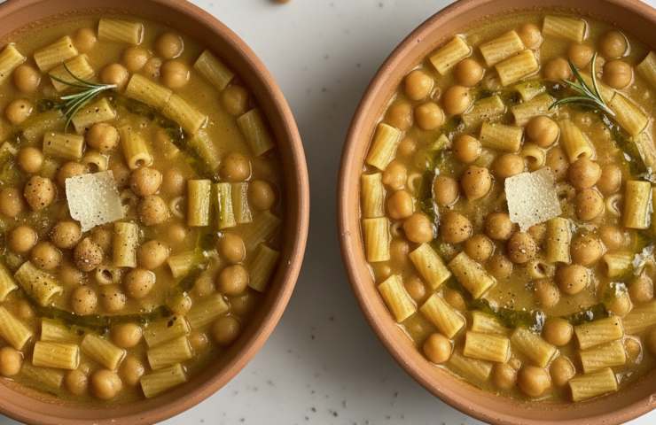 Pasta e Ceci Risottata in due terrine viste dall'alto