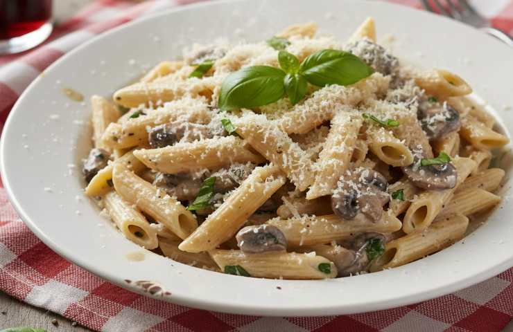 Penne ai Funghi e Panna in un piatto su tavola con tovaglia