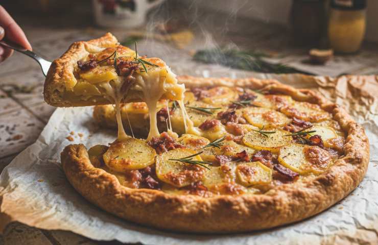 Torta salata con patate, prosciutto e scamorza con una fetta appena tagliata