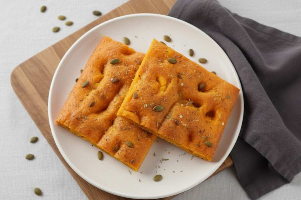 schiacciata di zucca in piatto bianco