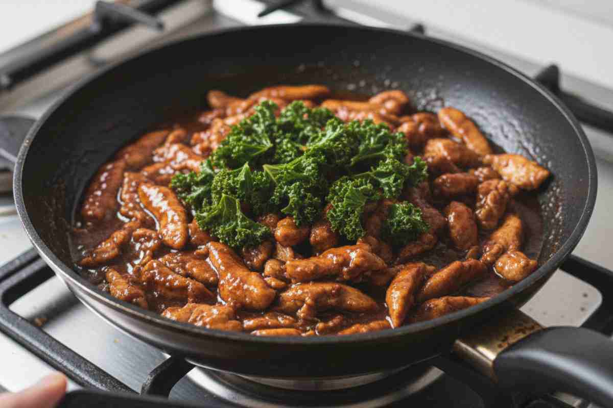 Straccetti di Tacchino alla Birra Scura e Paprika in una padella su fornello