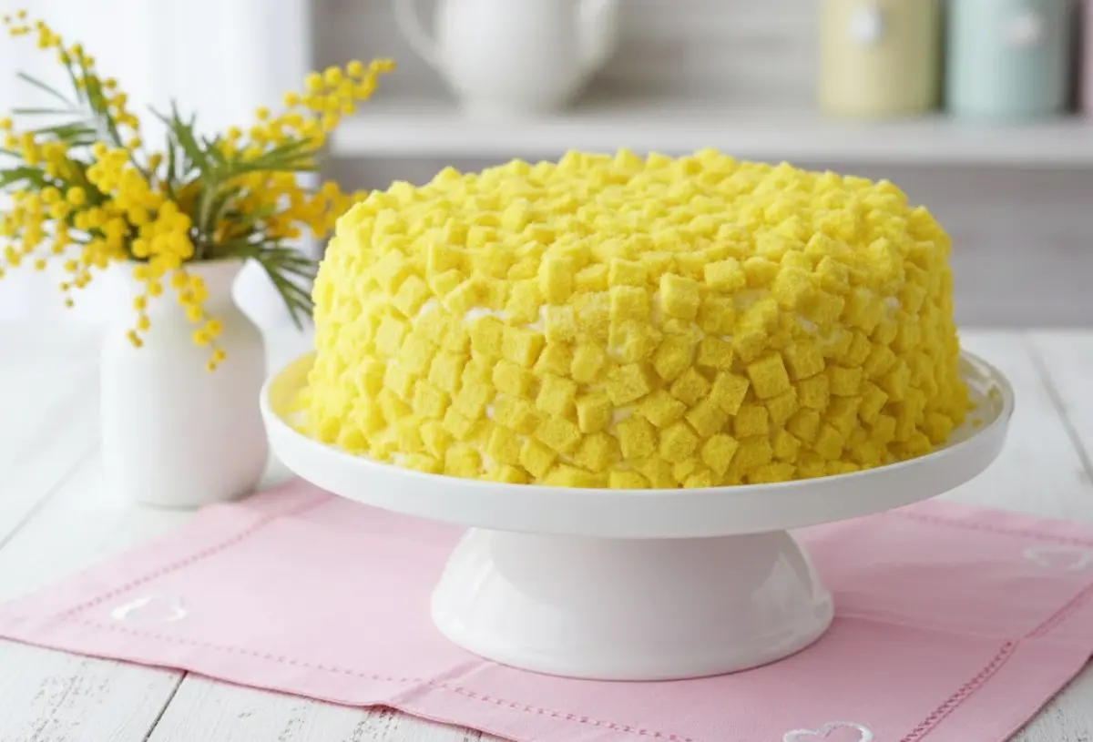 Torta Mimosa intera ricoperta di cubetti di pan di spagna su alzatina bianca, tovaglia rosa con cuoricini ricamati e fiori di mimosa in vaso bianco su tavola di legno.