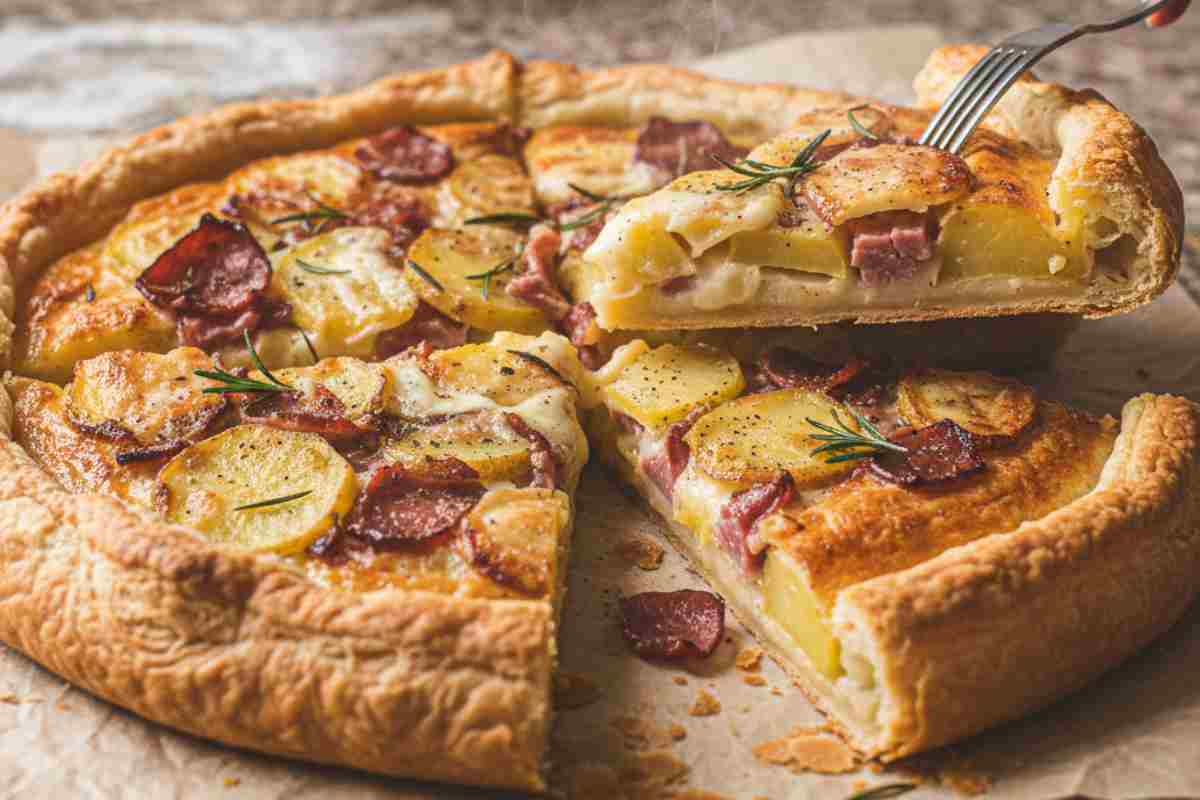 Torta salata con patate, prosciutto e scamorza su un piano