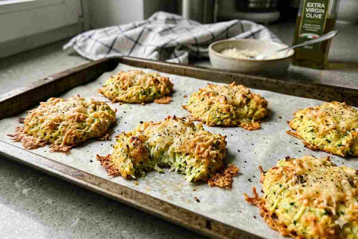 Nuvolette di Zucchine Croccanti al Parmigiano su carta forno in una teglia