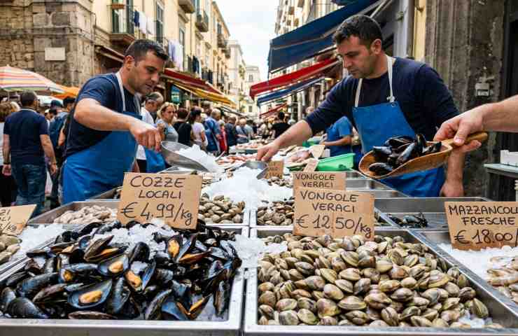 Venditori di pesce e frutti di mare in strada a Napoli con prezzi al chilo esposti.