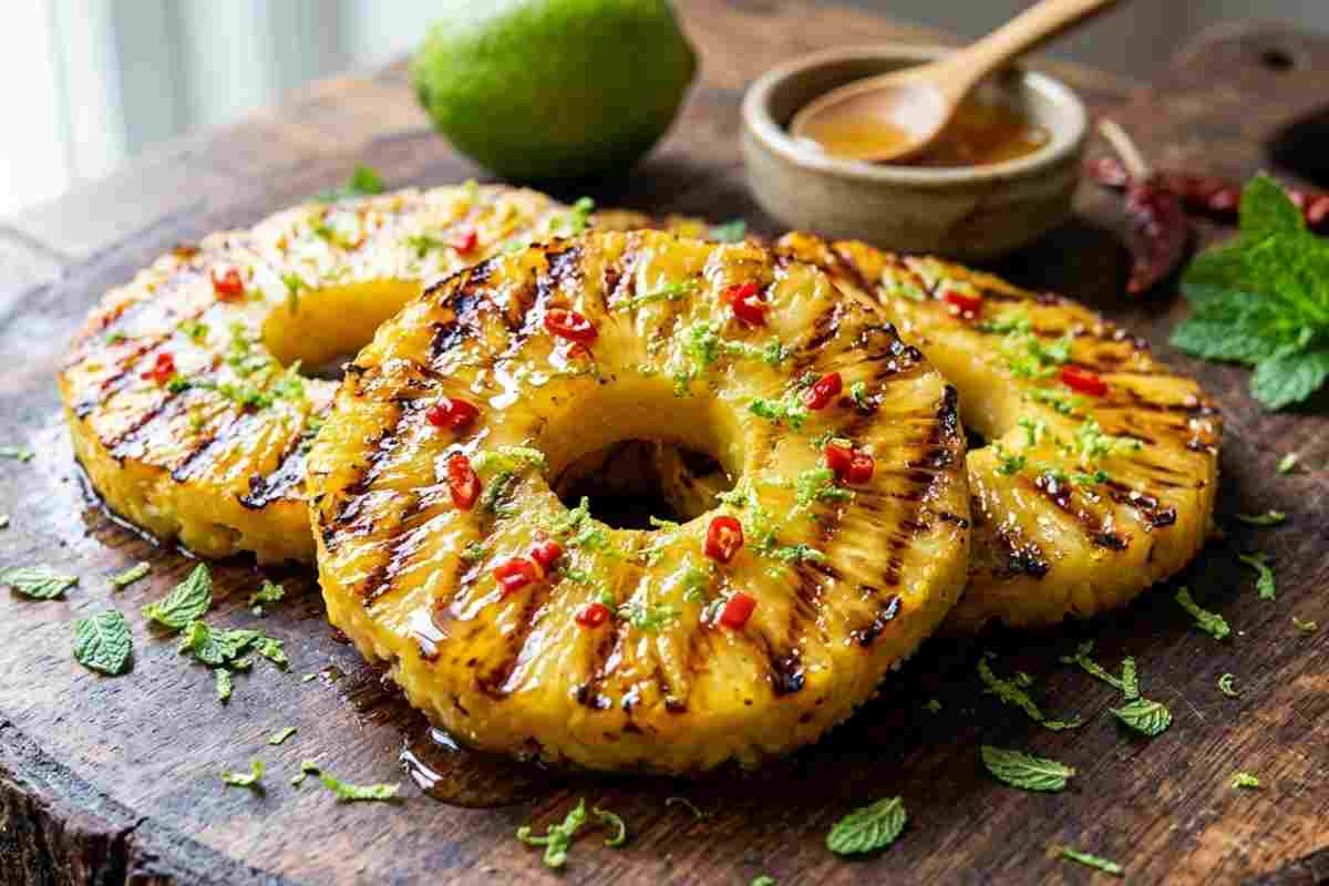 Fette di ananas grigliate alla piastra con colata di miele dorato, scorza di lime fresco e peperoncino rosso sbriciolato su un tagliere di legno rustico - Dessert originale e veloce.