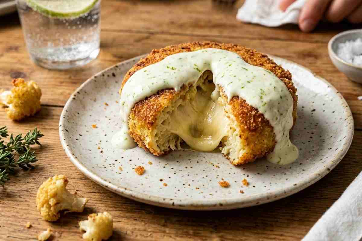 Burger di cavolfiore dorato e croccante, tagliato a metà per mostrare il cuore filante di provola, servito con una salsa bianca al lime su un tavolo di legno.