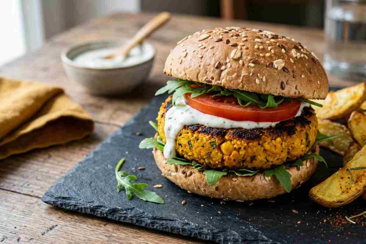 Primo piano di burger vegetale ceci e curcuma dorato in panino multicereale con rucola e salsa yogurt su lastra di ardesia rustica.