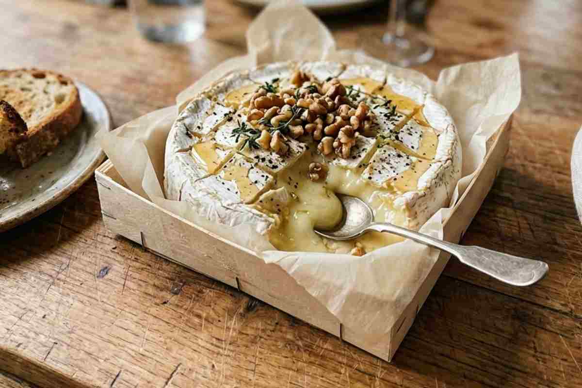 Camembert al forno fuso servito nella sua scatola di legno su una tavola rustica, guarnito con miele, noci e timo, accompagnato da fette di pane tostato e un bicchiere di vino rosso.