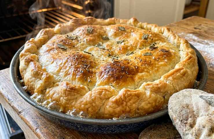 Torta Pasqualina appena sfornata con sfoglia dorata e croccante in teglia rotonda su piano di legno.
