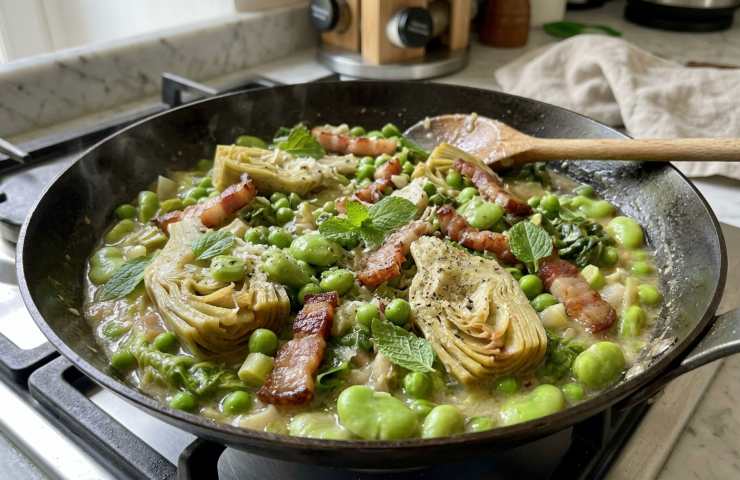 Vignarola romana appena cotta in padella con carciofi, fave, piselli freschi e guanciale croccante sul piano cottura di casa.