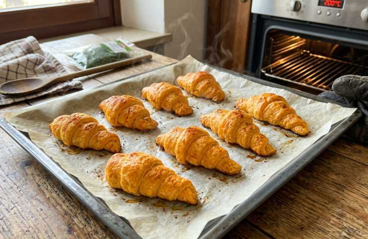 Cornetti salati di sfoglia dorati appena sfornati su teglia e tolti dal forno.