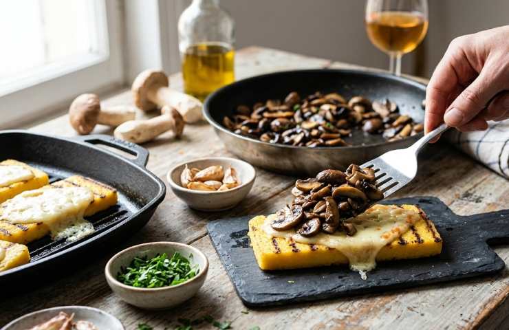 Preparazione di crostini di polenta con funghi e taleggio fuso su una piastra calda in cucina.