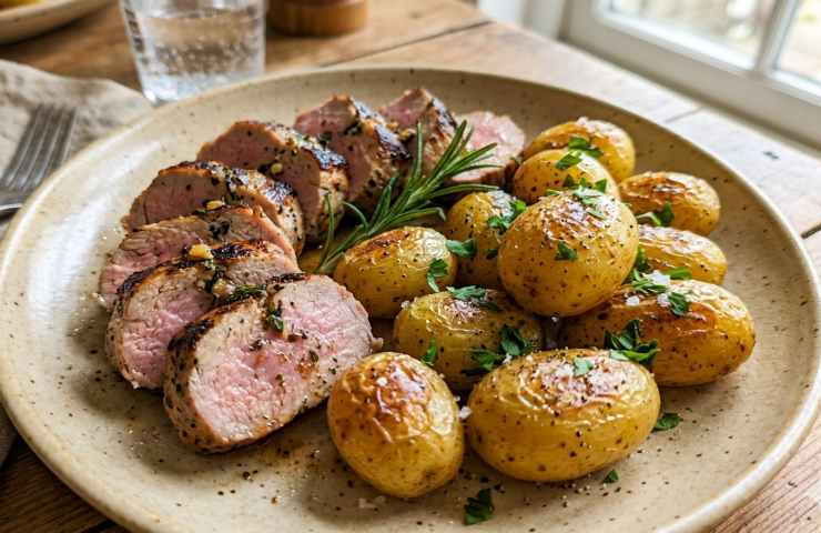 Filetto di maiale a fette con patate novelle arrosto al rosmarino, servito su un piatto artigianale in un ambiente luminoso.