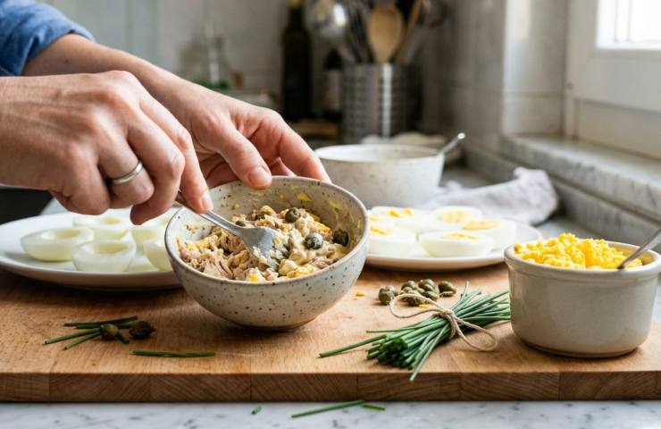 Preparazione delle uova mimosa: mani che mescolano tonno, capperi e tuorli in una ciotola di ceramica, pronte per farcire gli albumi sodi, antipasto di Pasqua sfizioso.
