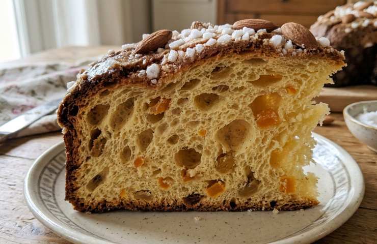 Fetta di Colomba pasquale artigianale soffice, ricetta fatta in casa con canditi e glassa di mandorle.