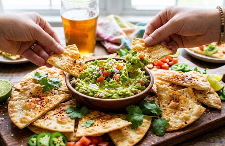 Due mani intingono contemporaneamente triangoli di piadina croccante e speziata in una ciotola centrale di guacamole ricco e cremoso, servito su un tagliere di legno con coriandolo fresco, peperoncini a fette, pomodorini a cubetti e spicchi di lime, ideale per un aperitivo condiviso.