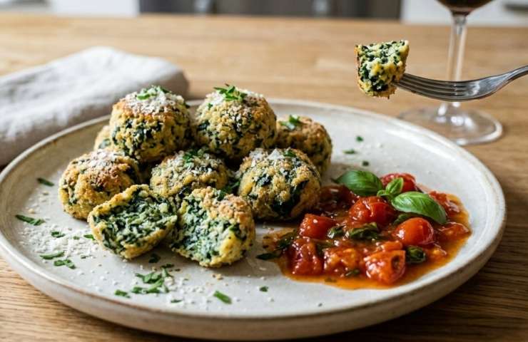 Piatto di polpette di ricotta e spinaci servite con sugo di pomodoro fresco e basilico su una tavola apparecchiata. Una forchetta solleva una polpetta mostrandone l'interno morbido e verde.