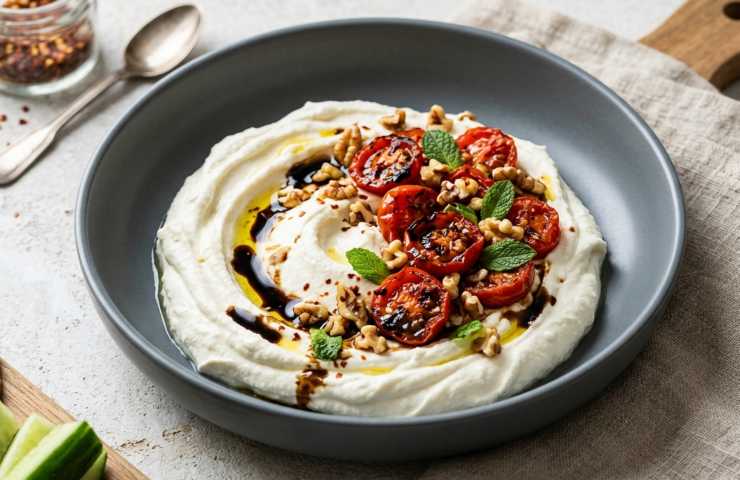 Mousse di feta greca con pomodorini confit, noci e crudités di cetrioli servita in una ciotola moderna.