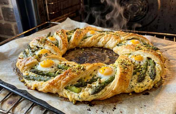 corona di sfoglia salata asparagi e uova servita in tavola appena sfornata su teglia foderata di carta forno.