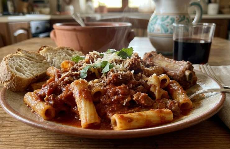 Ziti lunghi spezzati al Ragù della Domenica in un piatto su tavola apparecchiata con fette di pane