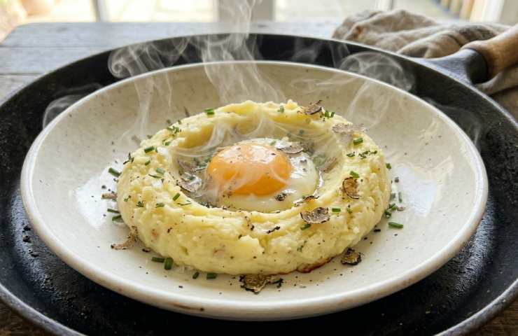 Uovo al tartufo in nido di patate appena sfornato in padella di ghisa fumante, ricetta gourmet per Pasqua 2026.