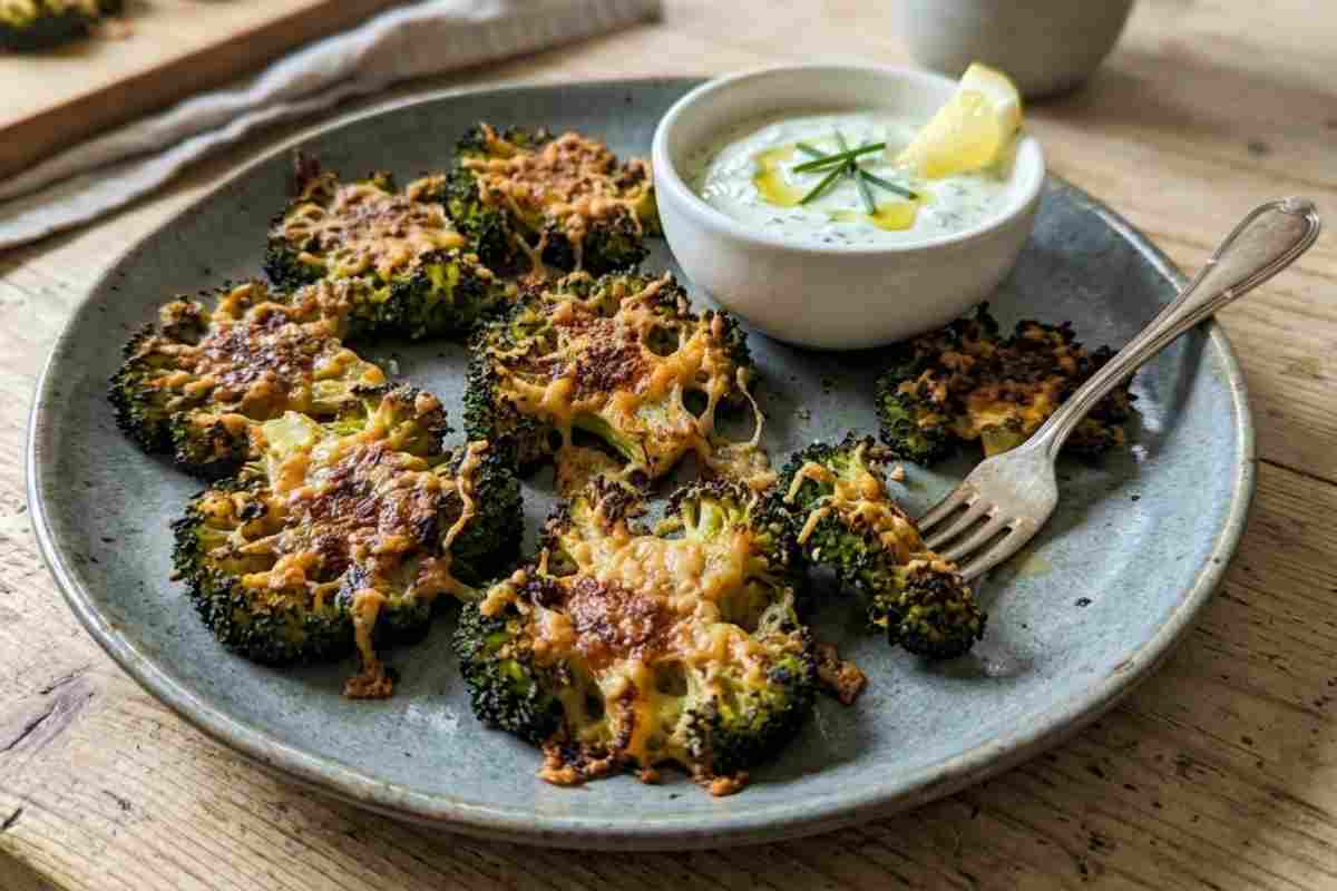 Piatto di broccoli schiacciati croccanti serviti con una ciotolina di salsa allo yogurt e limone con forchetta su un tavolo in legno.