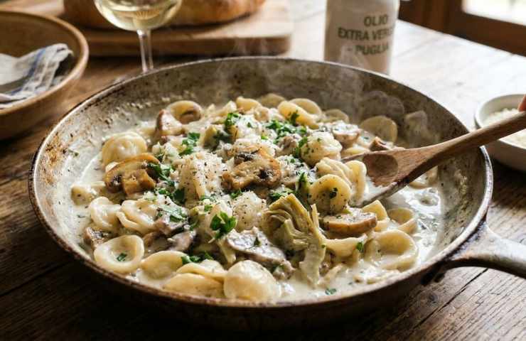 Orecchiette cremose con funghi, carciofi, prezzemolo fresco e formaggio grattugiato, appena saltate e servite in una padella di metallo posata su un tavolo di legno rustico.