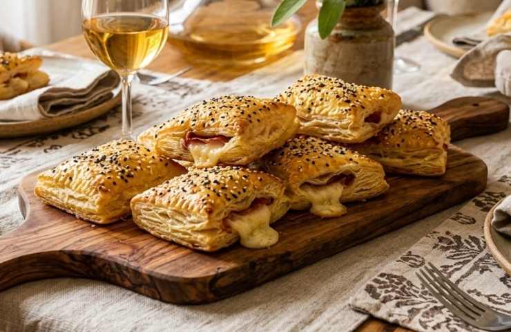Presentazione rustica e invitante di sfogliatine speck e brie dorate e filanti, disposte su un tagliere di legno di olivo al centro di una tavola apparecchiata per l'aperitivo con tovaglia in lino, calici di vino bianco e pane fresco, ideali come antipasto sfizioso.