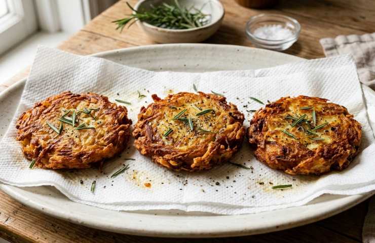 Tre tortini di patate croccanti disposti su carta assorbente in un piatto bianco, guarniti con rosmarino fresco e pepe nero.