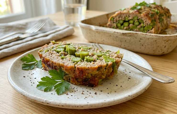 Fetta di polpettone di prosciutto cotto con asparagi e taccole al forno servita su piatto bianco.