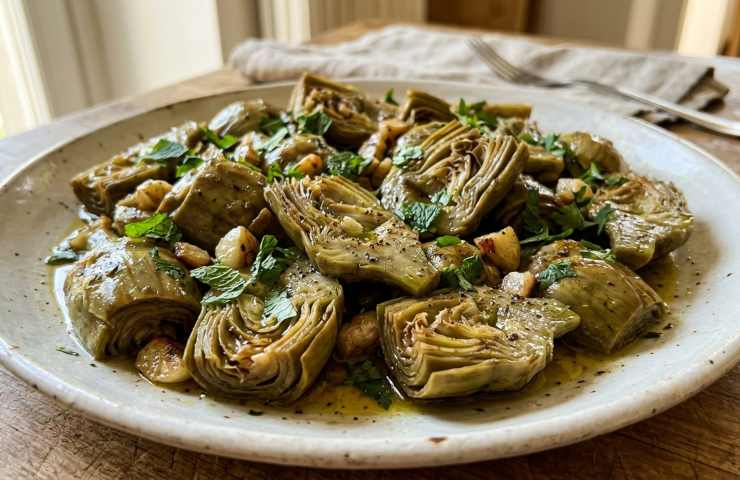 Piatto di carciofi in padella trifolati con aglio e mentuccia fresca, ricetta della nonna tenera come il burro.
