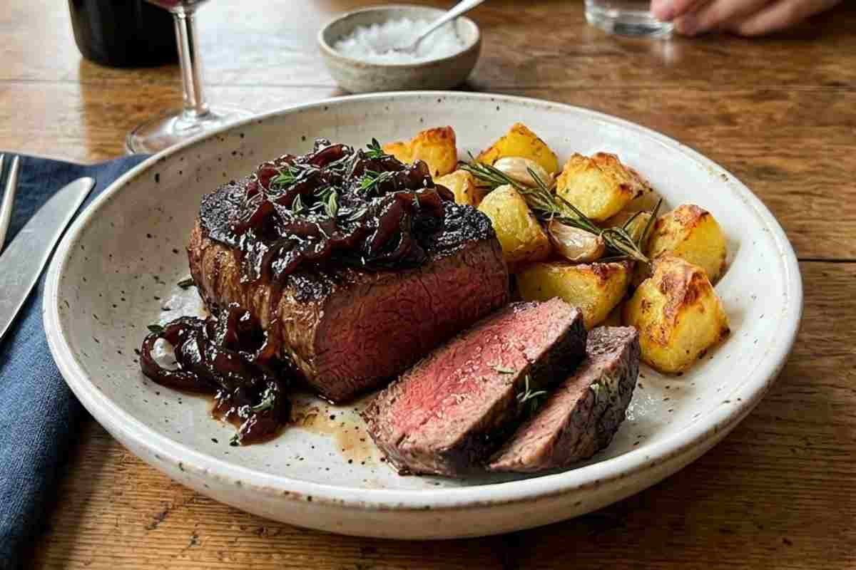 Un filetto di manzo al sangue con cipolle rosse caramellate e patate croccanti servito su un tavolo in legno con un calice di vino rosso