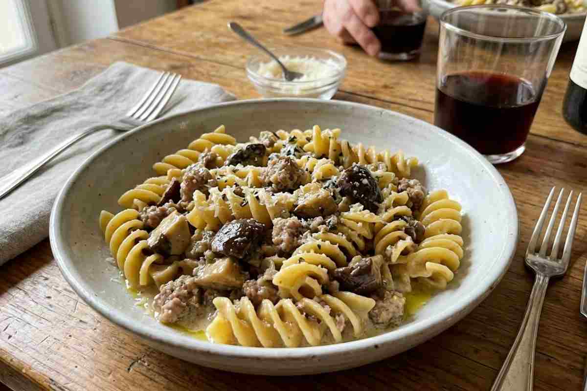 Un piatto invitante di fusilloni cremosi con salsiccia e funghi porcini, servito a tavola per il pranzo della domenica con un bicchiere di vino rosso e una ciotola di parmigiano.